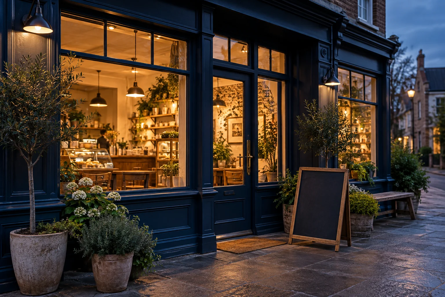 Welcoming storefront with warm lights and plants, an original illustrative image